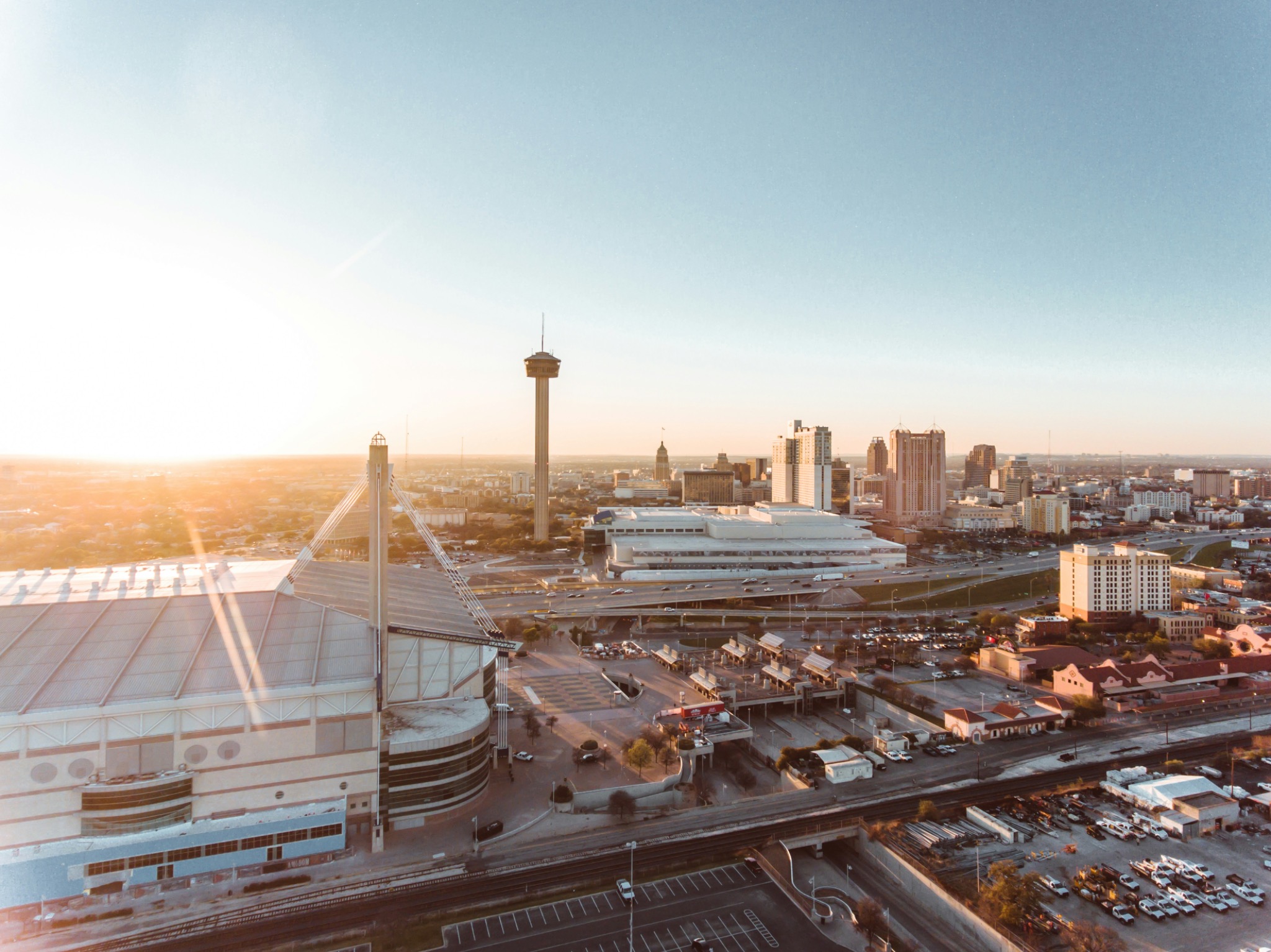 Aerial view of the San Antonio skyline at sunset